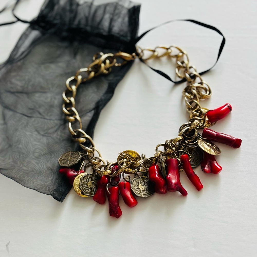 Gold and Red Charm Necklace